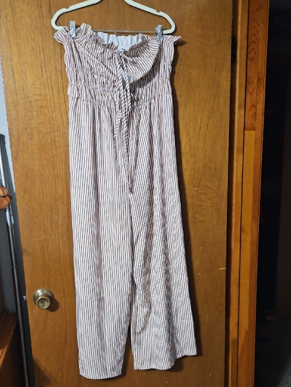 SHEIN Light Tan & White Striped Smocked Wide-Leg Jumpsuit Pants - Picture 3 of 7